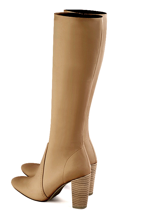 Camel beige women's feminine knee-high boots. Round toe. High block heels. Made to measure. Rear view - Florence KOOIJMAN